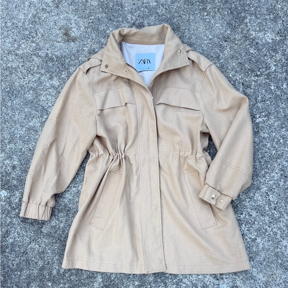 Zara Beige/Tan Linen cropped trench jacket size S